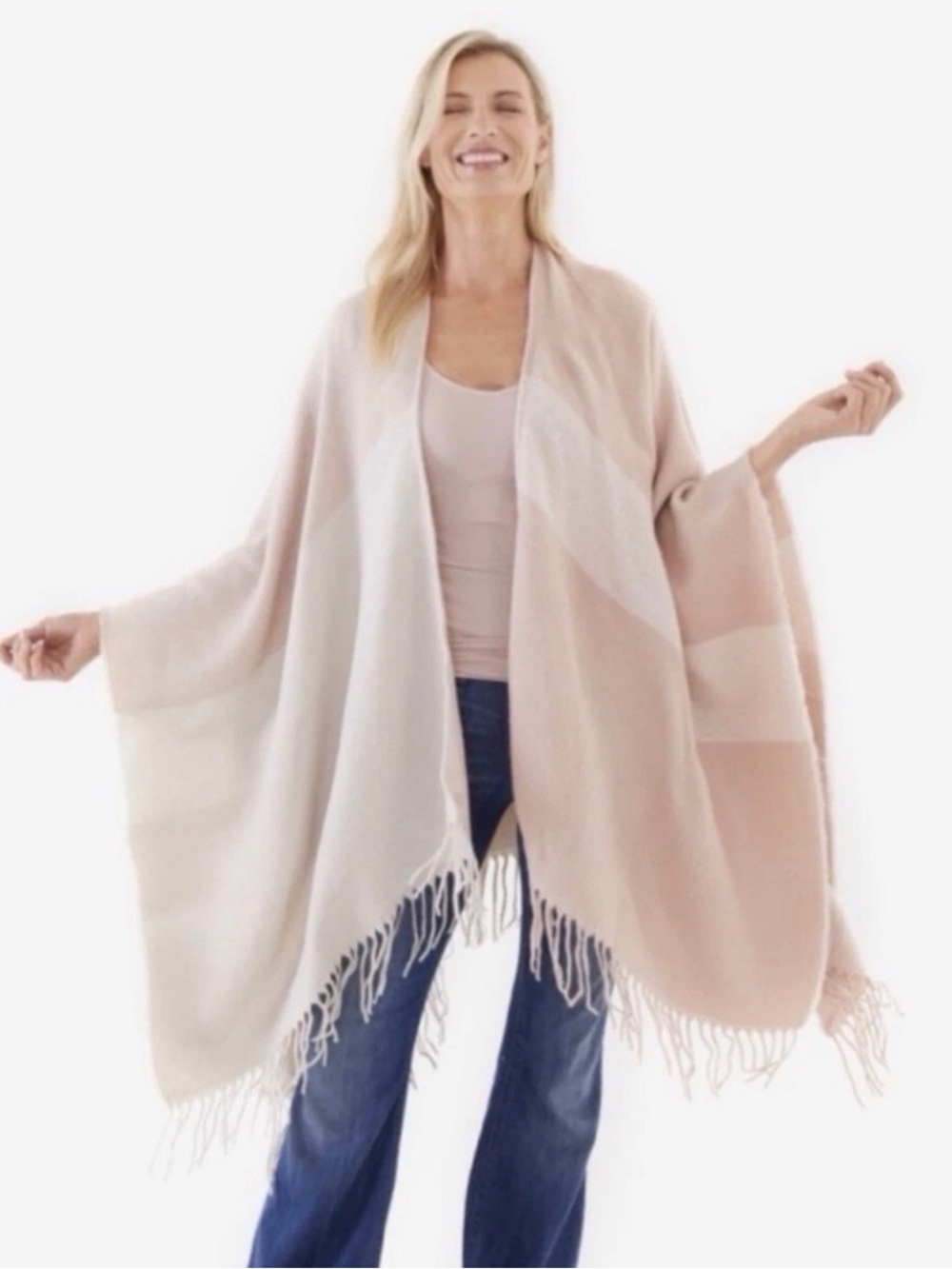 Soia & Kyo Yadira Scarfigan Poncho Wrap Fringe Colorblock Pastel Pink Beige